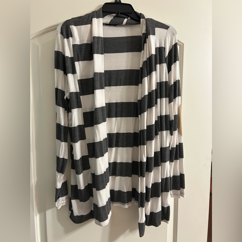 Grey Striped Cardigan with Cute elbow patch details